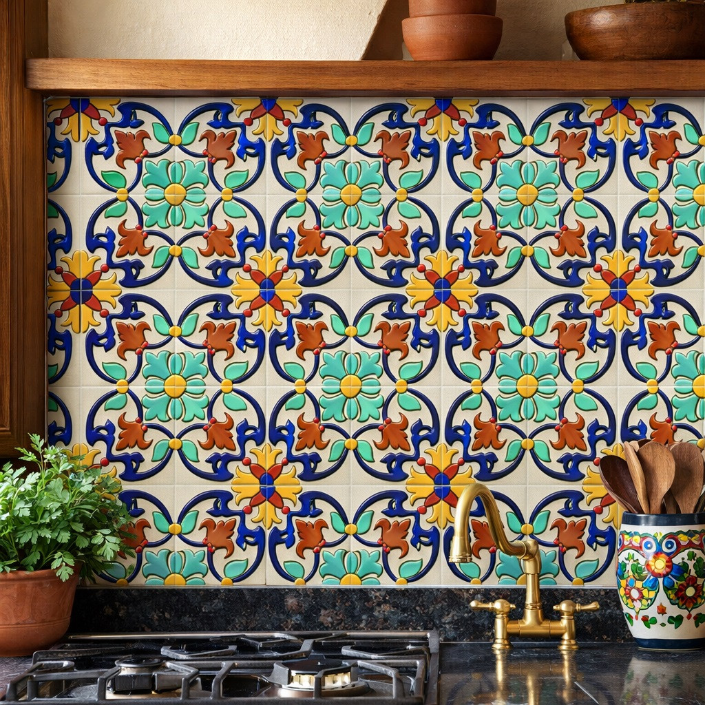 Handcrafted talavera acanthus floral relief tile installed as kitchen backsplash with natural light
