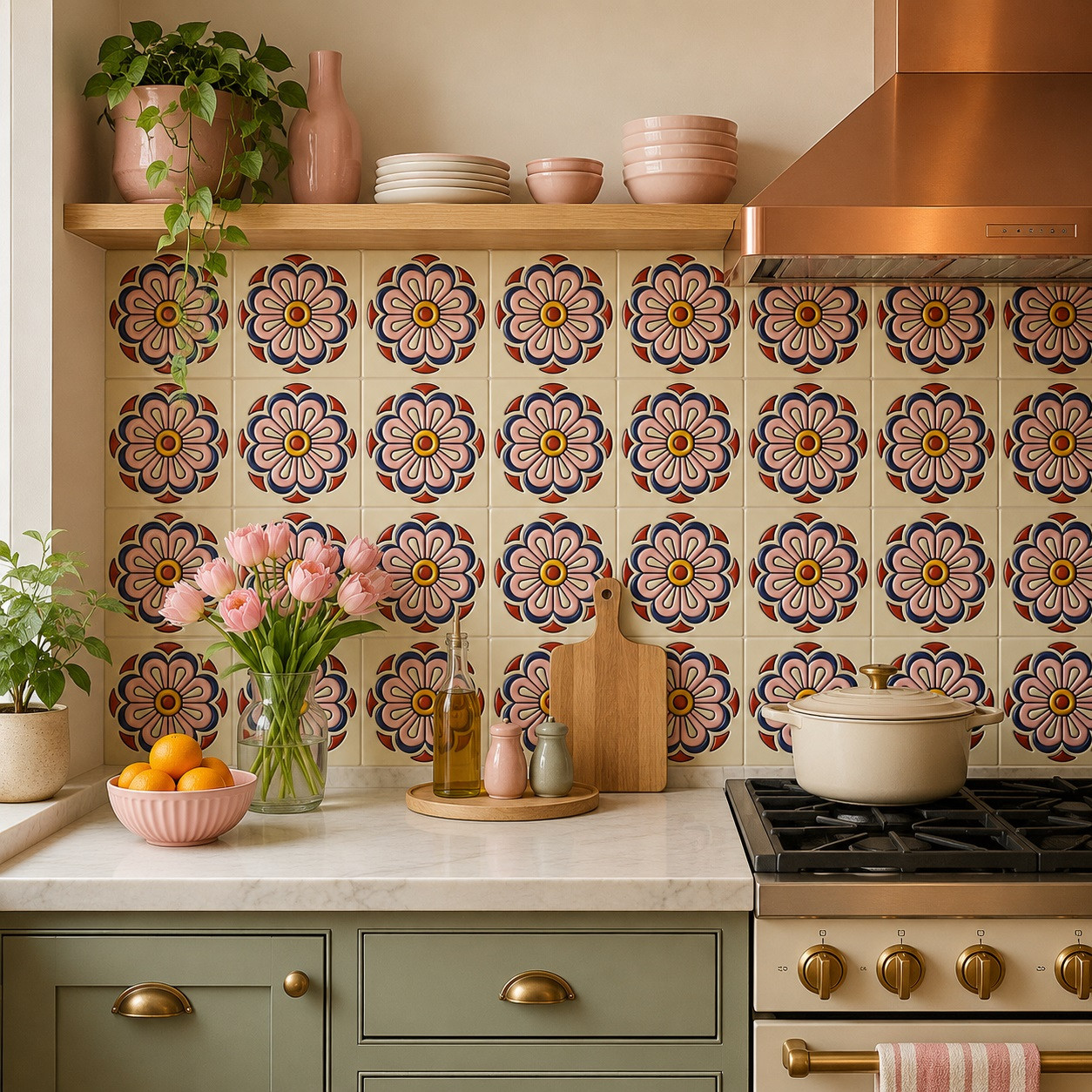 Mexican relief tile pink floral kitchen backsplash with handpainted medallion flowers in strong relief design