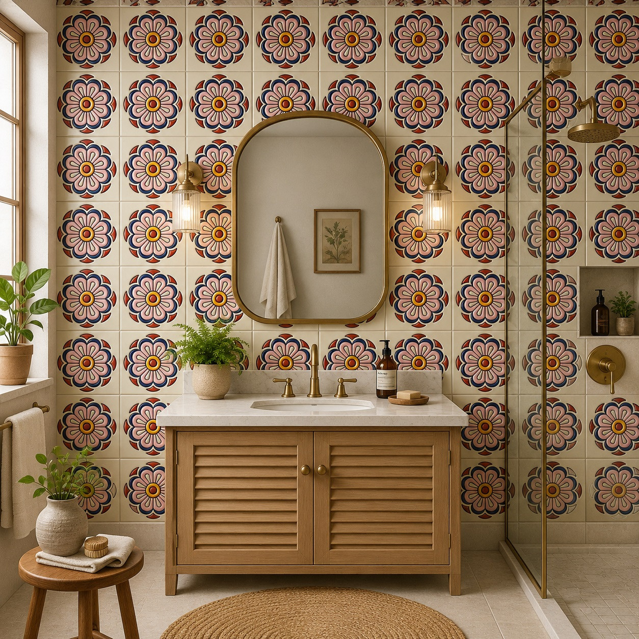 Mexican relief tile pink floral bathroom wall installation featuring raised pink petals and red curved motifs