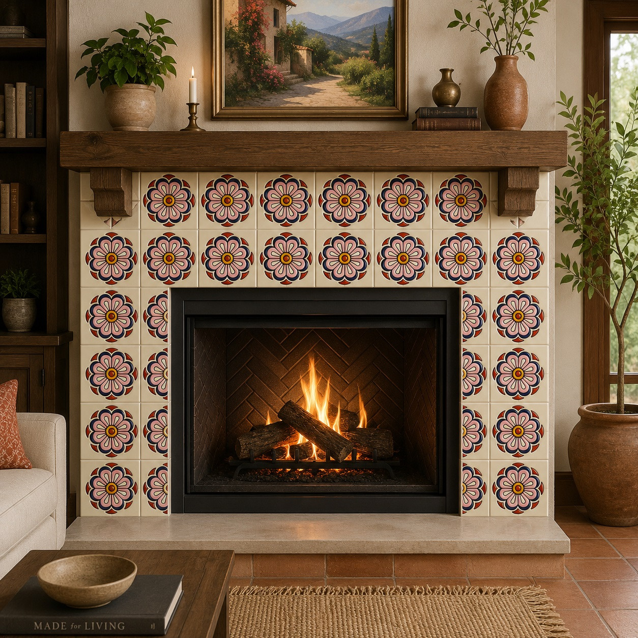 Mexican relief tile pink floral fireplace surround showcasing handcrafted floral medallion relief with vivid colors