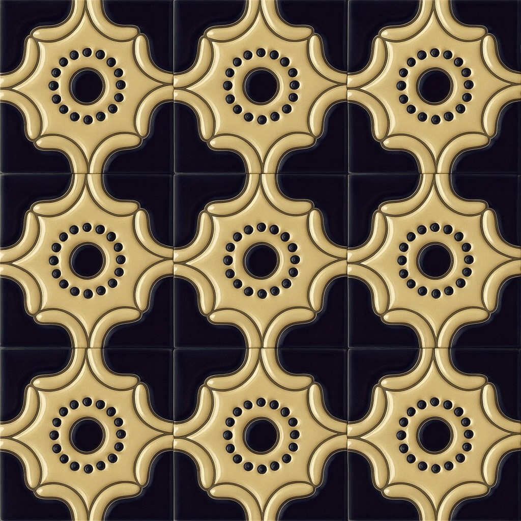 Talavera relief tile black beige circle arranged in a 9-piece set with light grout lines
