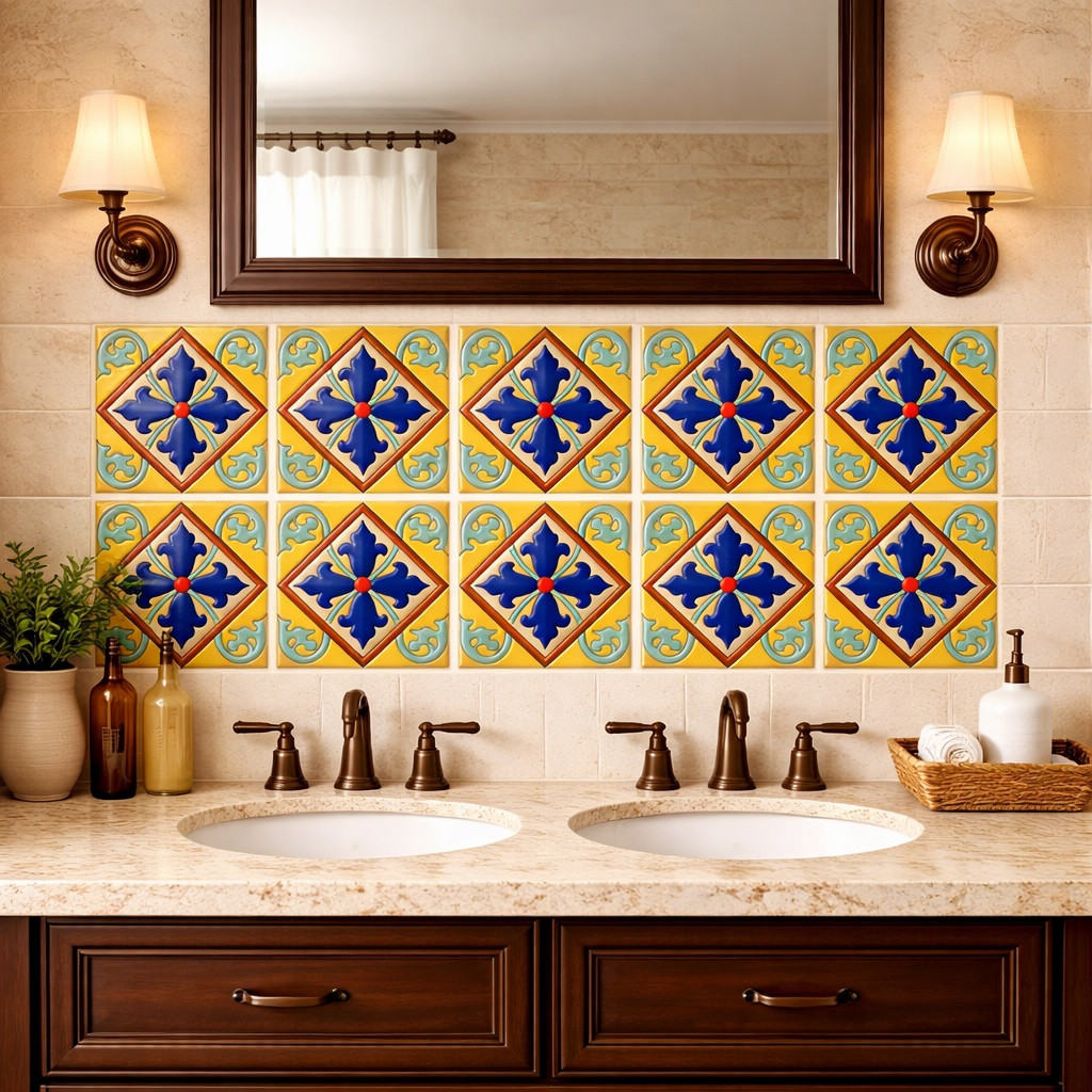 Talavera diamond fleur cross relief tile installed on a bathroom vanity wall highlighting depth