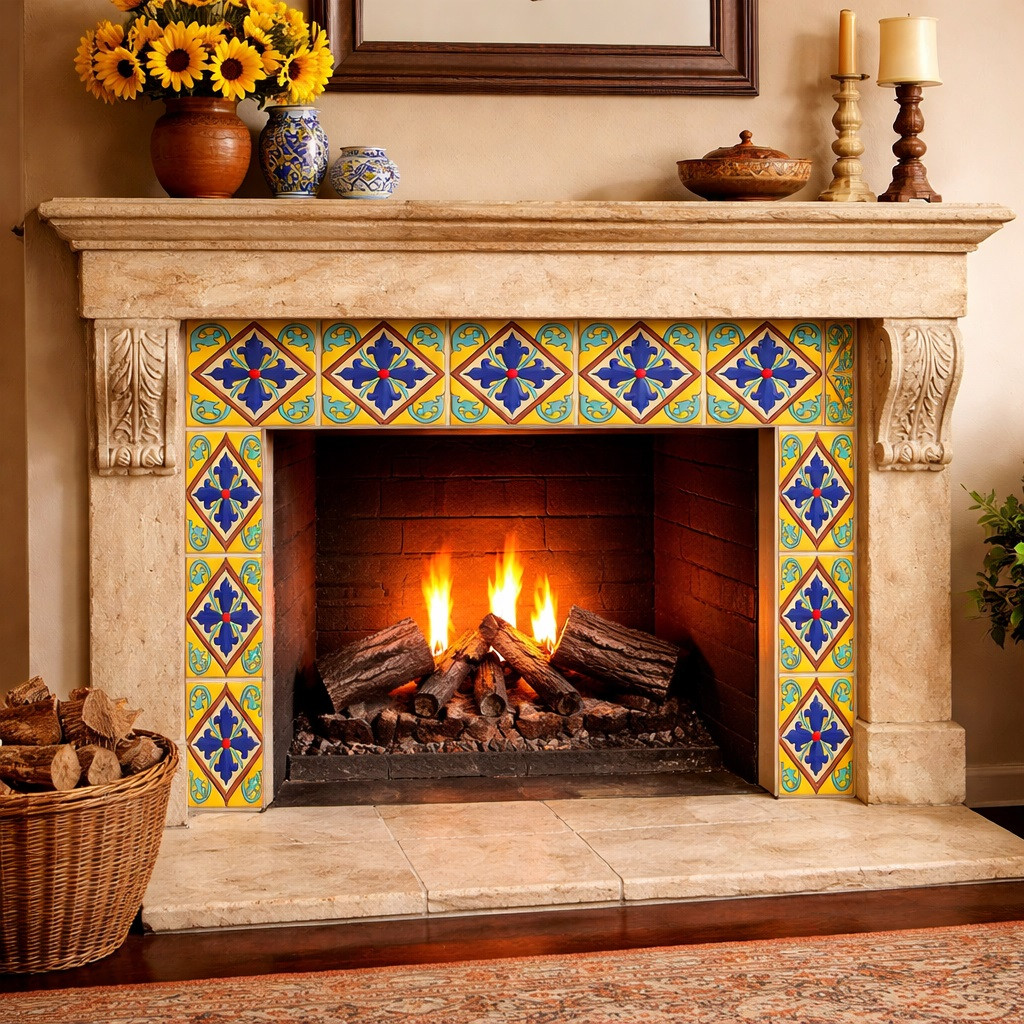 Talavera diamond fleur cross relief tile surrounding a fireplace accent with colonial character
