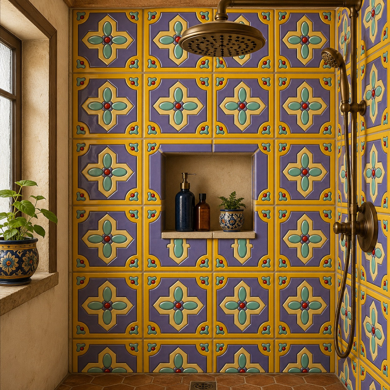 Talavera rounded cross mexican relief tile decorative applied in a shower wall showing clear grout lines and dimensional form