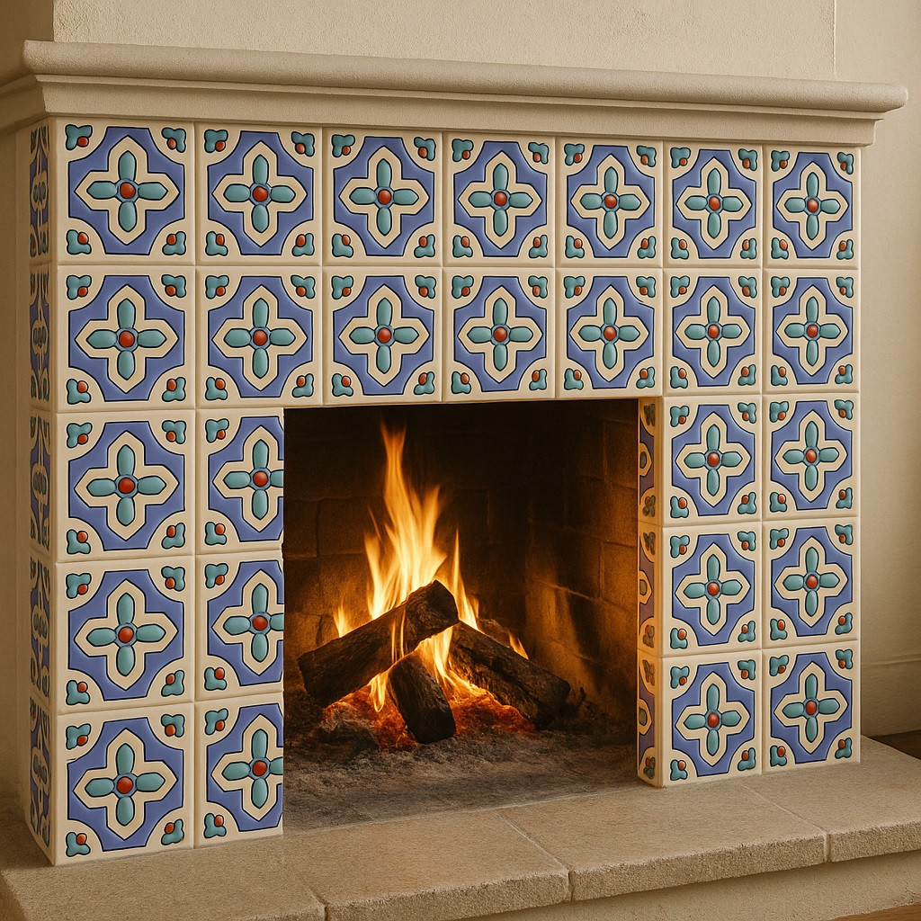 Mexican relief tile blue cross with white border 6x6 pattern decorating a fireplace surround in a spacious living room