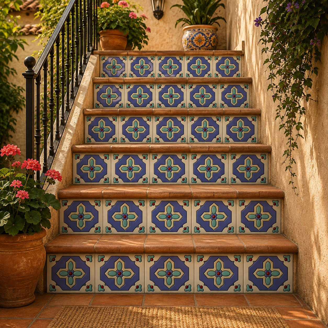 Mexican relief tile blue cross with white border pattern 6x6 covering stair risers in a traditional rustic interior design