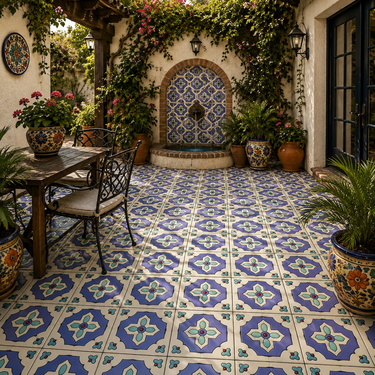 Mexican 4x4 relief tile blue cross with white border pattern enhancing a patio wall in a bright outdoor Mediterranean space