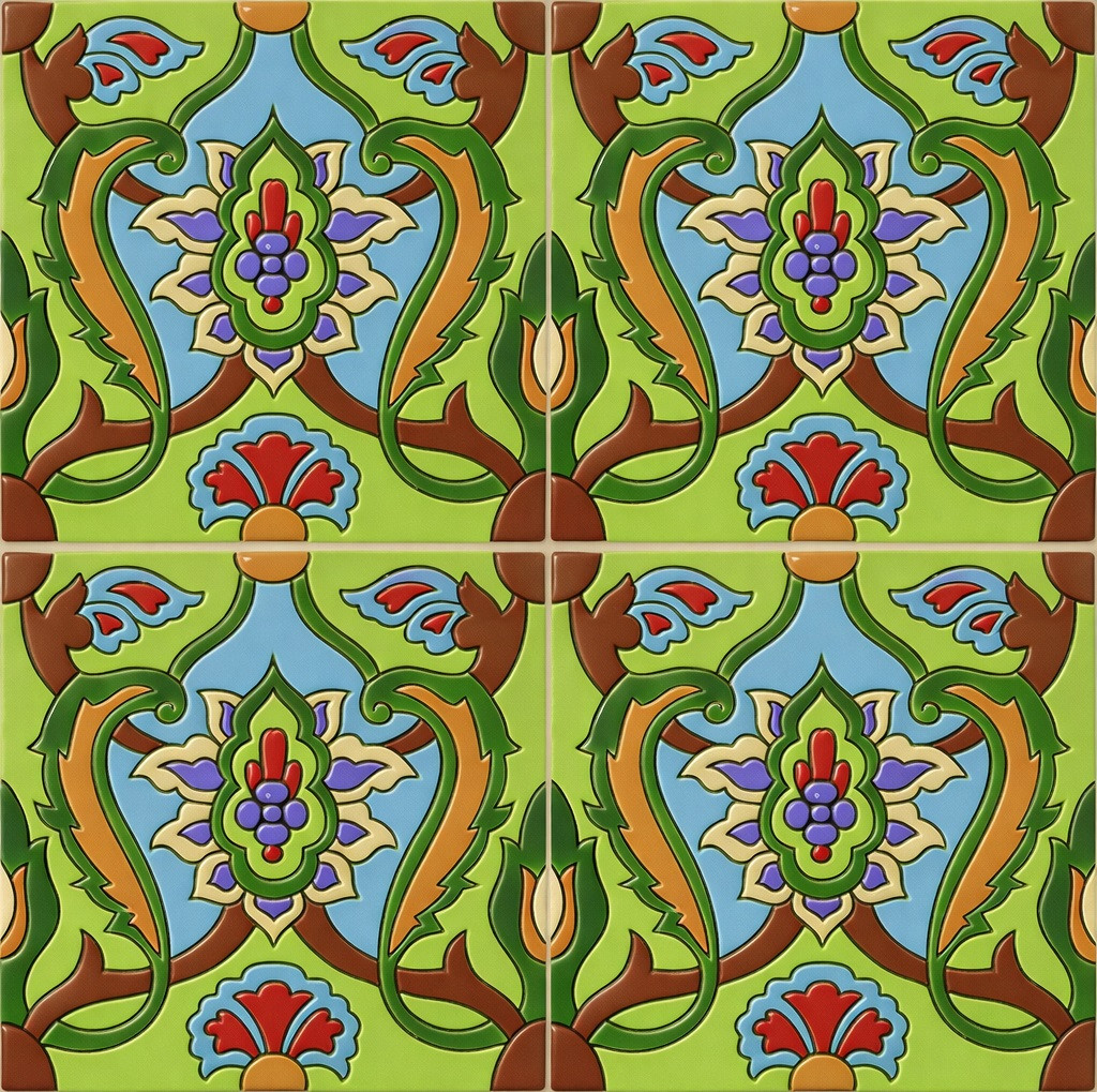 Mexican Talavera relief tile baroque floral four tile set with raised scroll design, sculpted ceramic detail and bold texture