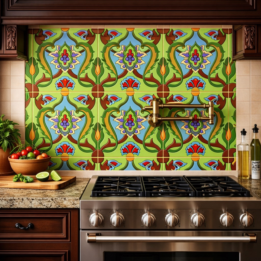 Mexican Talavera relief tile baroque floral installed as kitchen backsplash behind range hood, raised scrollwork adding depth and texture