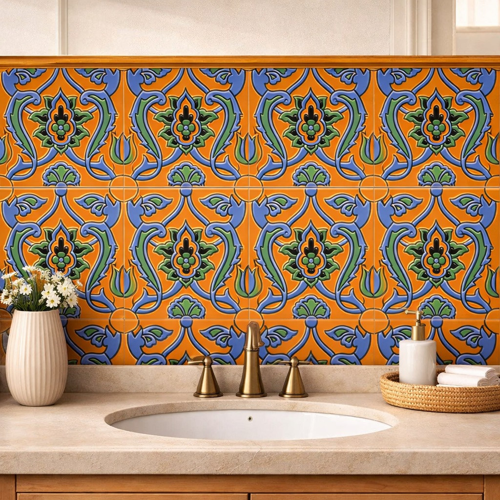 Mexican relief tile floral Oornament border used as a refined bathroom wall and vanity accent
