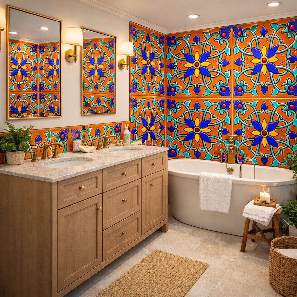 Talavera relief tile floral vine medallion used on a bathroom wall adding warmth and handcrafted character
