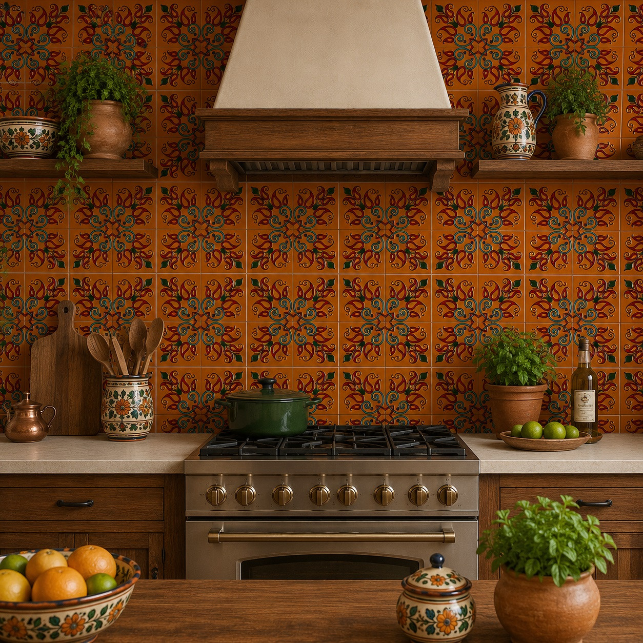 Mexican relief tile terracotta lilies decorating a rustic kitchen wall with natural light and windows