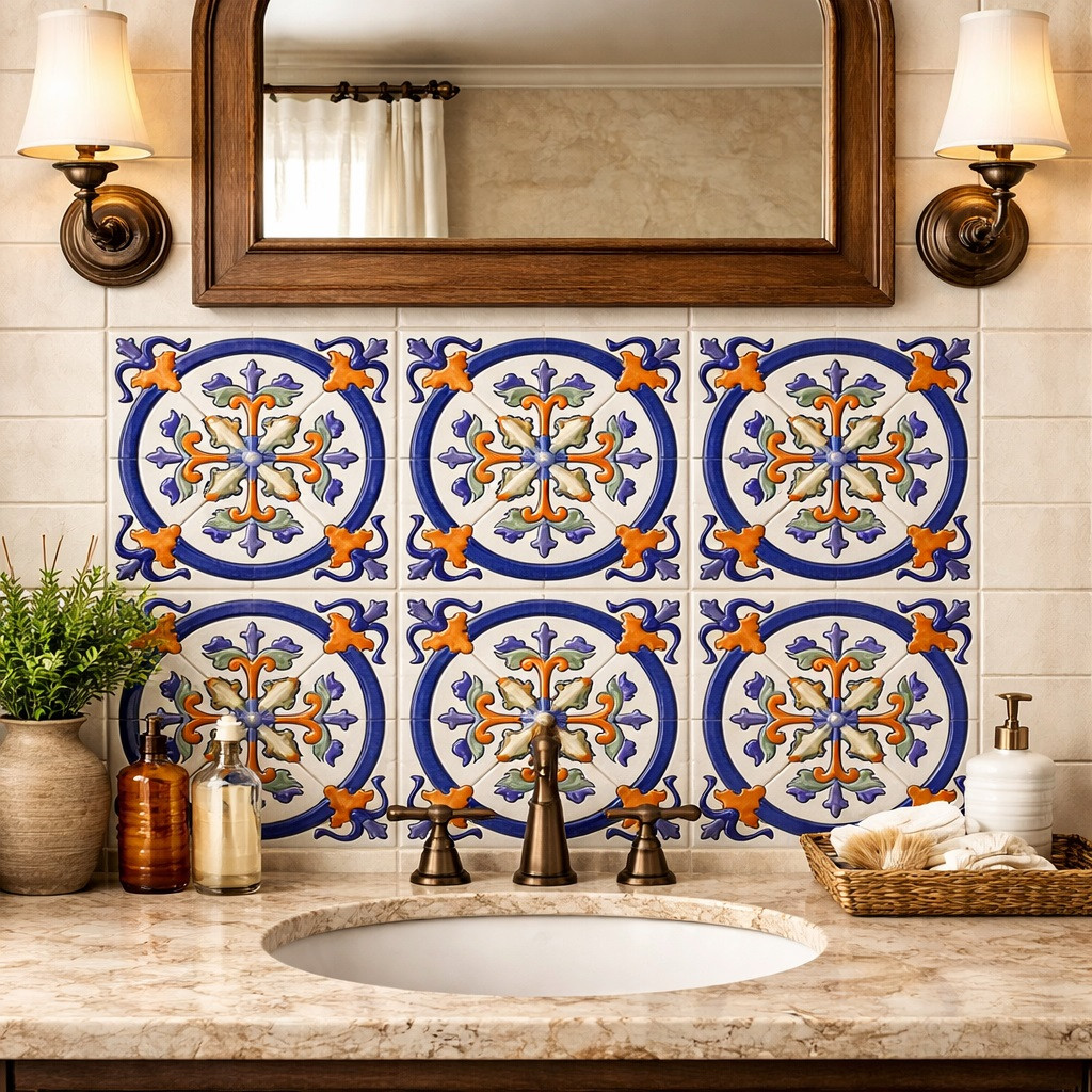 Talavera circular fleur cross relief tile installed on a bathroom vanity wall highlighting sculptural relief