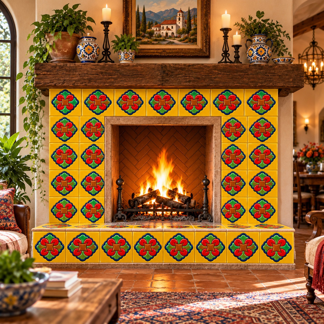 Mexican relief tile red green quatrefoil creating a colorful Spanish fireplace surround
