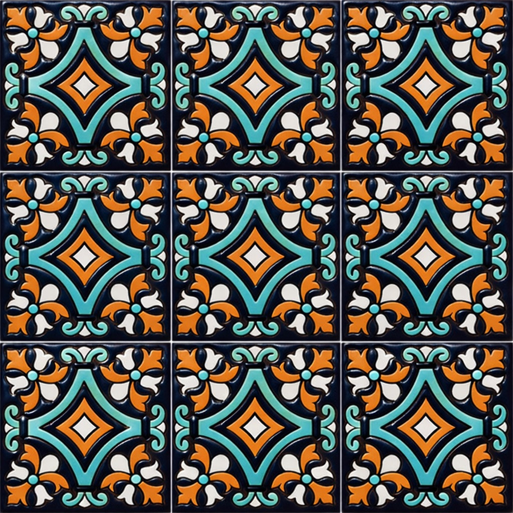 Talavera relief tile diamond scroll motif pattern shown as full nine tile relief set