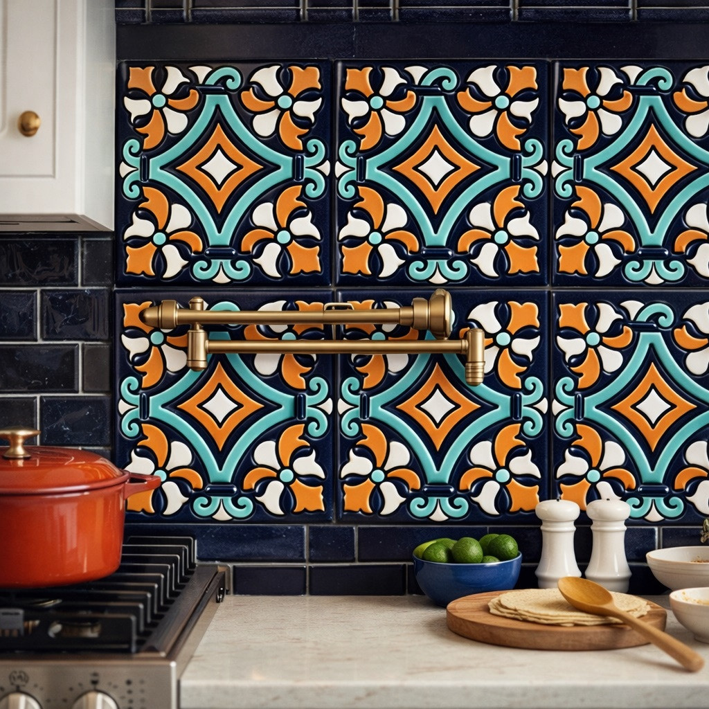 Talavera relief tile diamond scroll motif pattern installed as a sculptural kitchen backsplash with bold relief