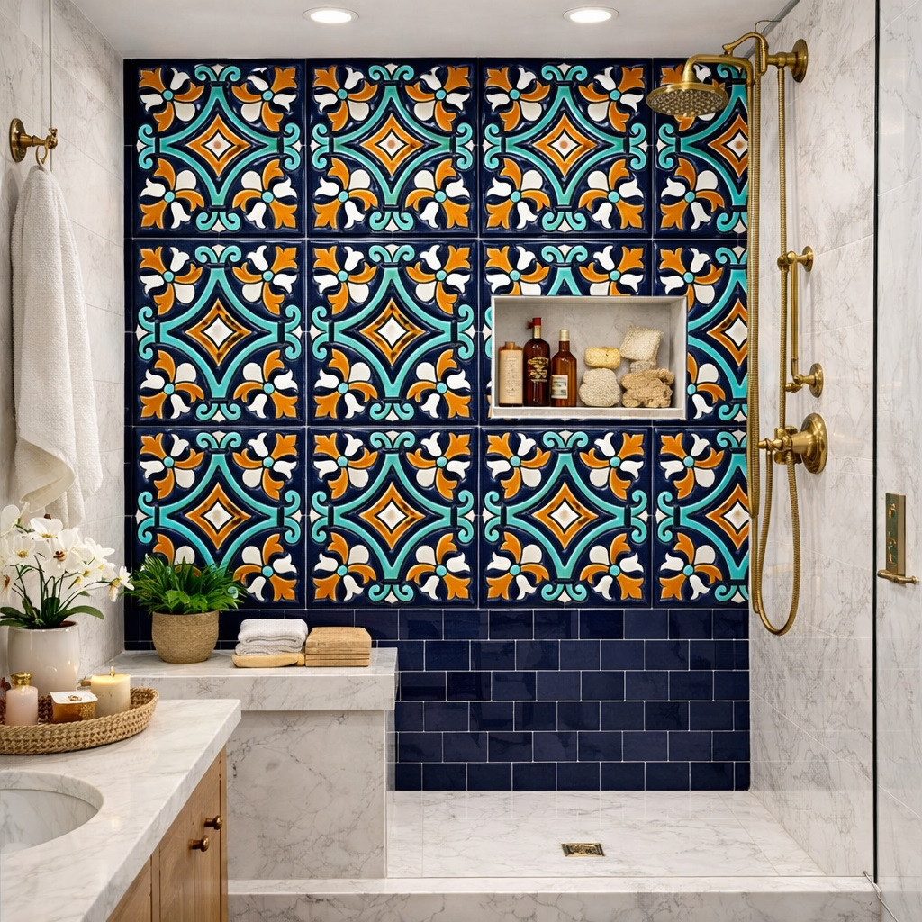 Talavera relief tile diamond scroll motif pattern used in a shower interior highlighting depth and geometry