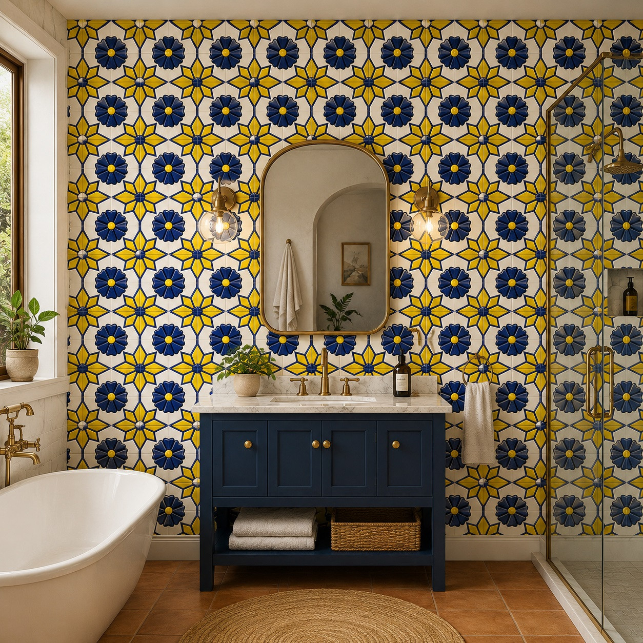Talavera relief tile cobalt geometric flower pattern enhancing a bathroom wall with sculpted ceramic texture