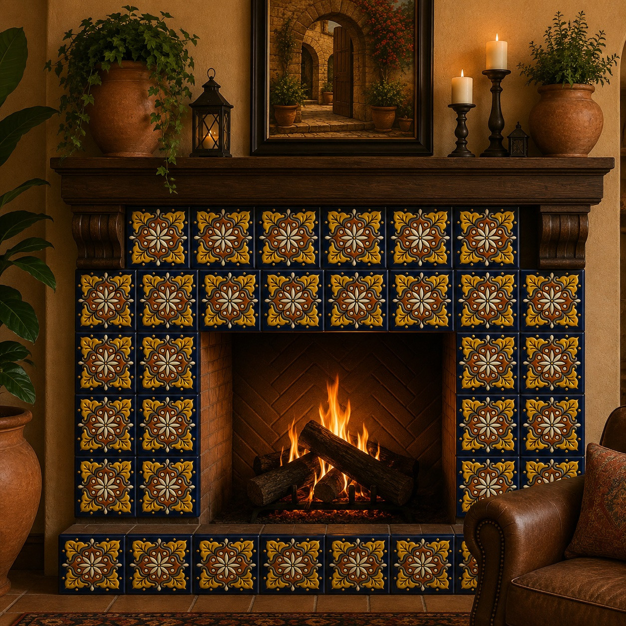 Mexican relief tile yellow rustic motif framing a fireplace with bold raised floral details