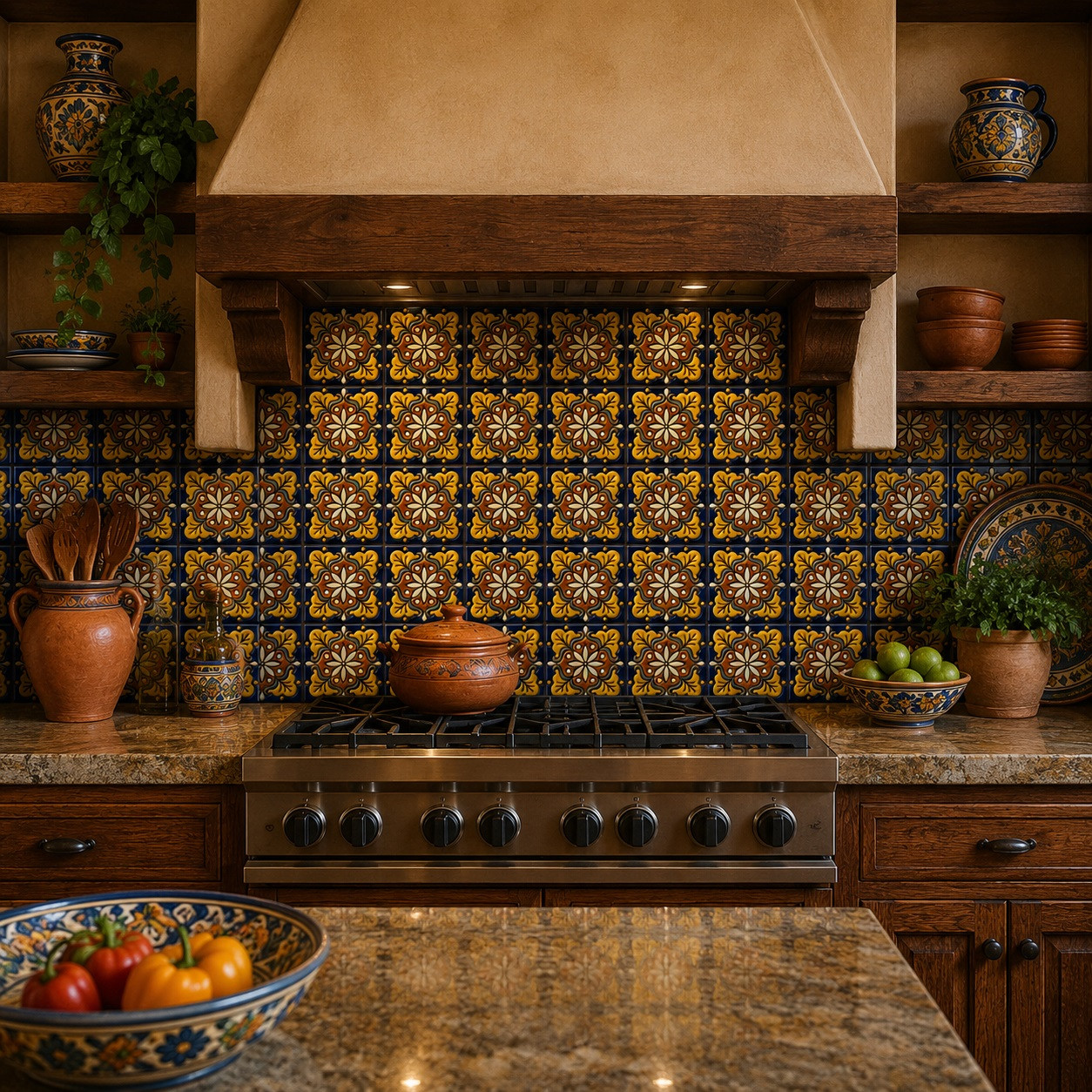 Mexican relief tile yellow rustic motif on a kitchen backsplash with vivid embossed decoration