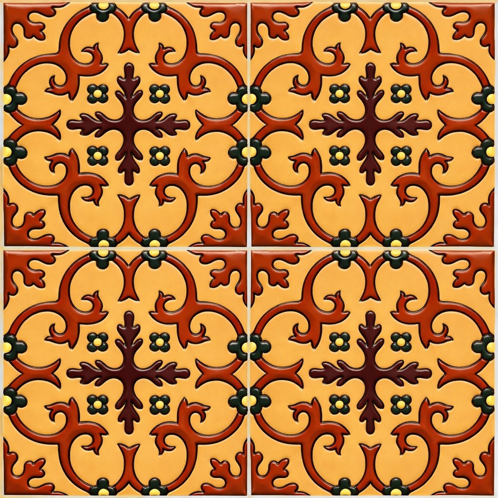 Talavera baroque cross scroll relief tile design shown as a four tile layout with full individual tiles