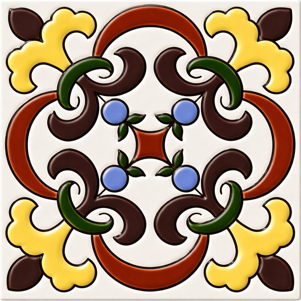Talavera relief scroll medallion tile