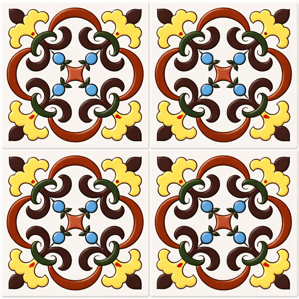 Talavera relief scroll medallion tile four tile set showing full repeated design