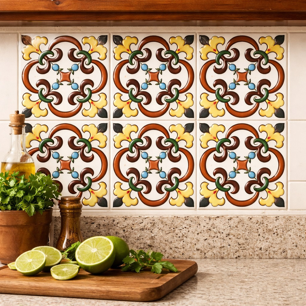 Talavera relief scroll medallion tile installed as a kitchen backsplash adding depth and color