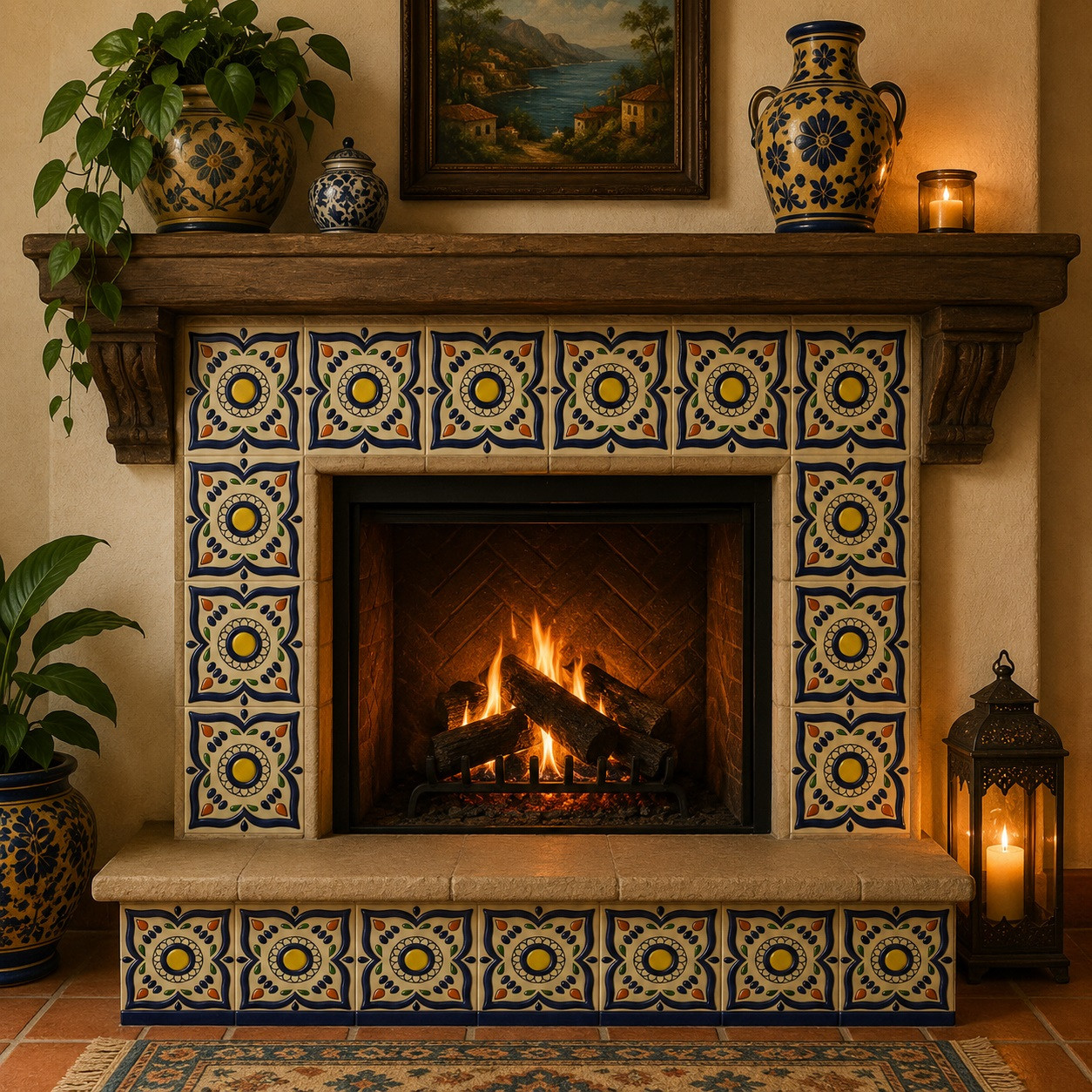 Mexican relief tile yellow medallion floral framing a rustic fireplace with raised floral relief pattern
