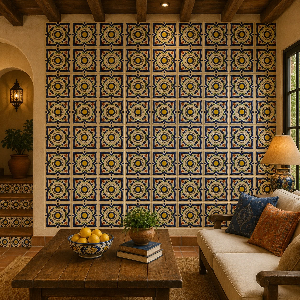 Mexican relief tile yellow medallion floral featured as a vibrant accent wall in a warm interior space