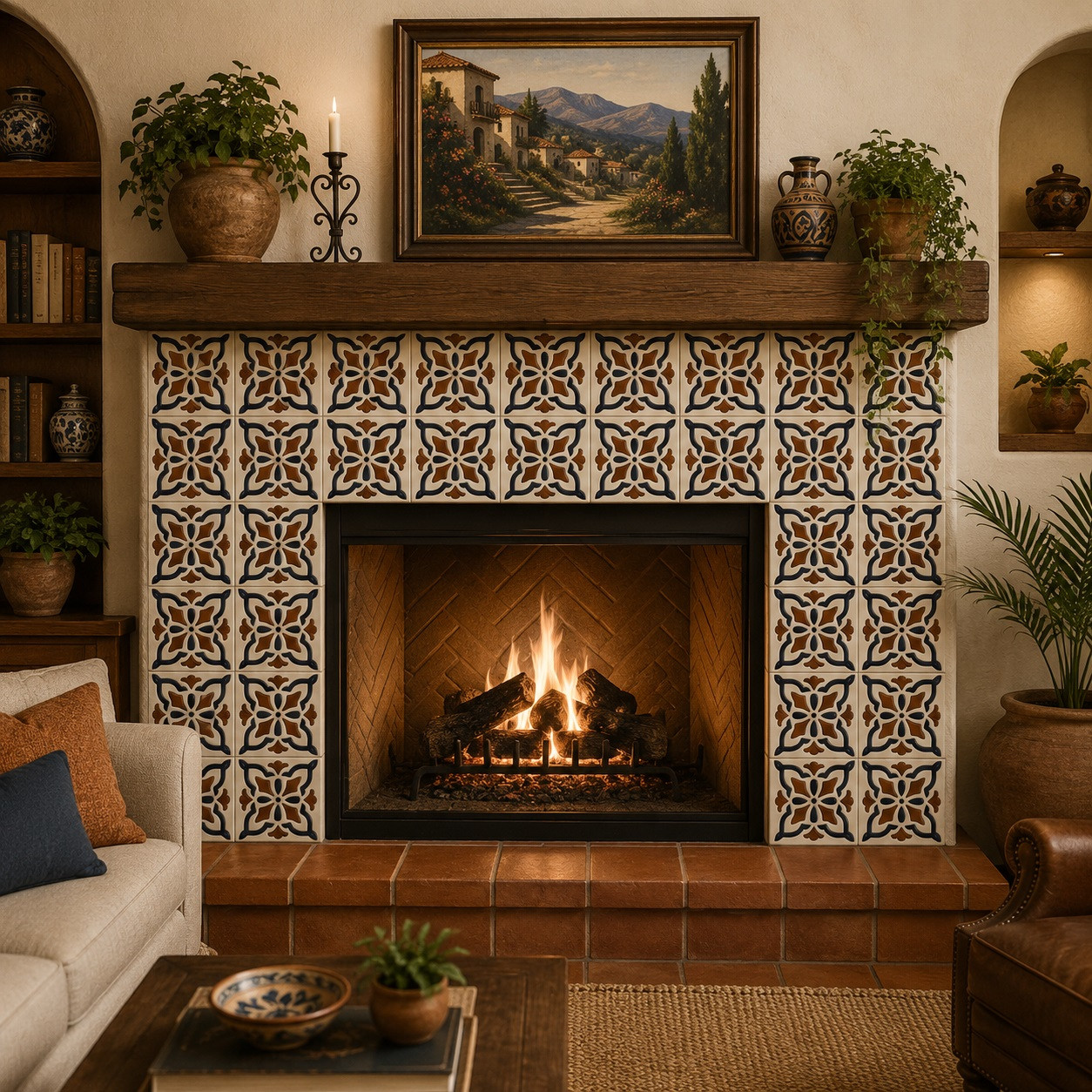 Mexican relief tile floral terracotta framing a fireplace surround with bold relief and warm tones