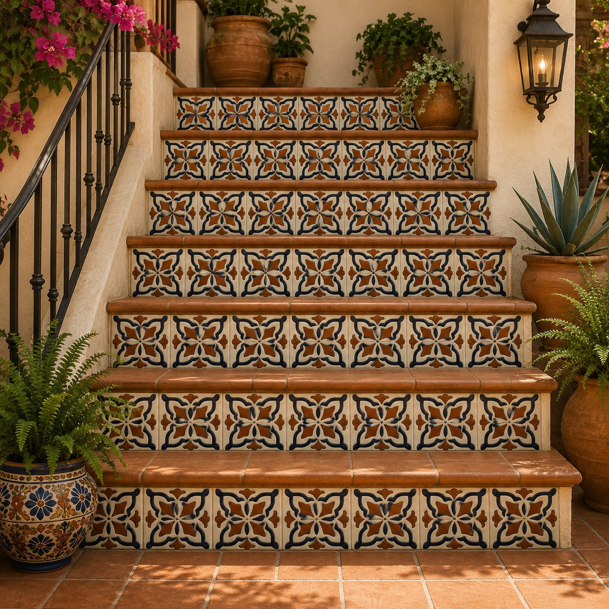Mexican relief tile floral terracotta decorating stair risers with traditional talavera floral design
