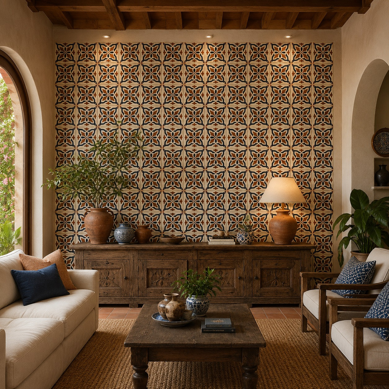 Mexican relief tile floral terracotta featured as a vibrant accent wall in a rustic interior setting