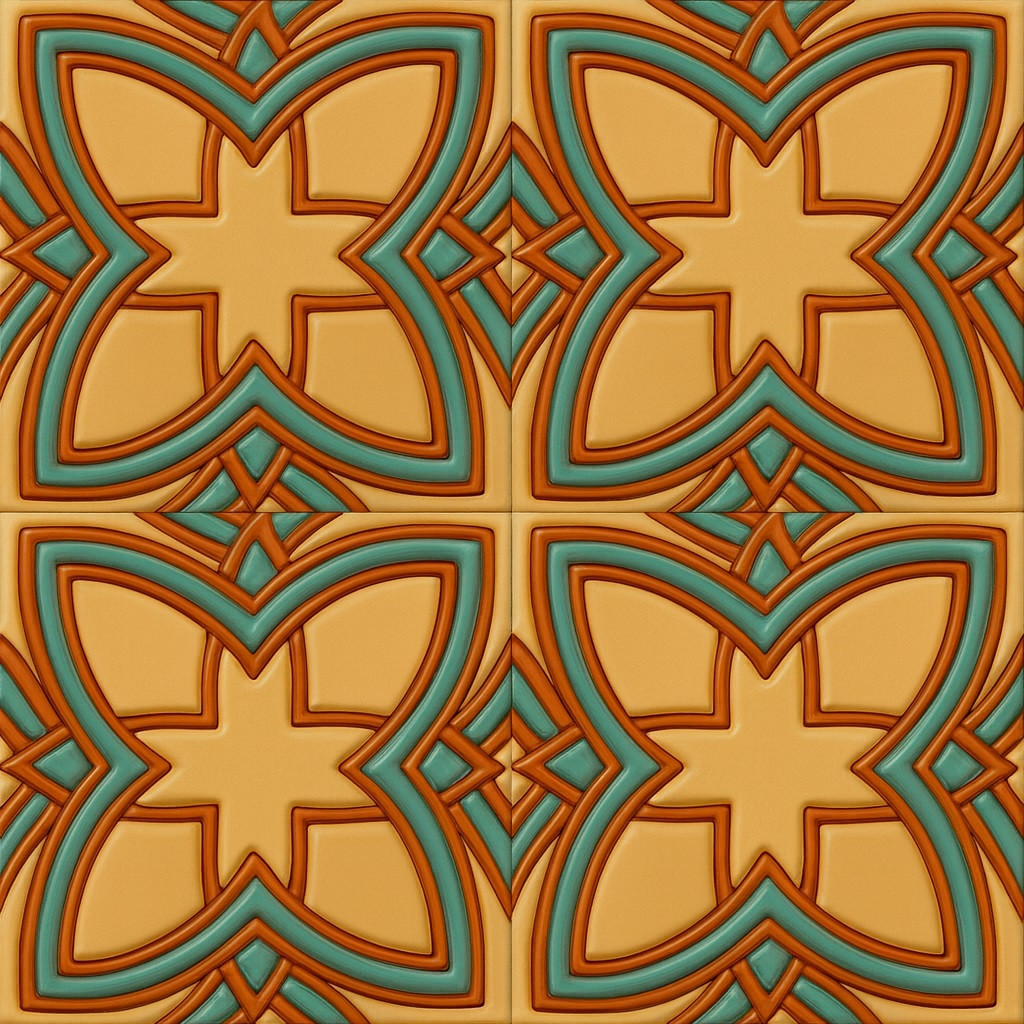 Mexican relief tile interlaced curves four-piece set showing raised turquoise and terracotta lines