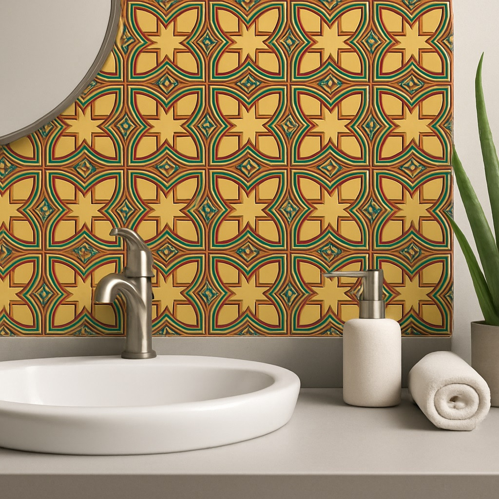 Mexican relief tile interlaced curves bathroom wall installation displaying bold interlaced curved relief lines