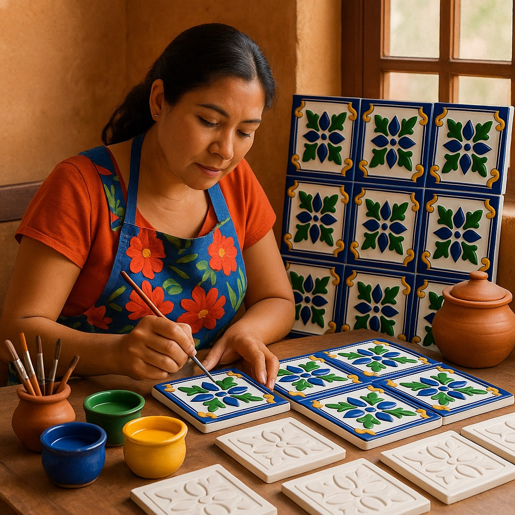 Mexican Relief Tile Blue Green Floral Pattern – Handcrafted Talavera