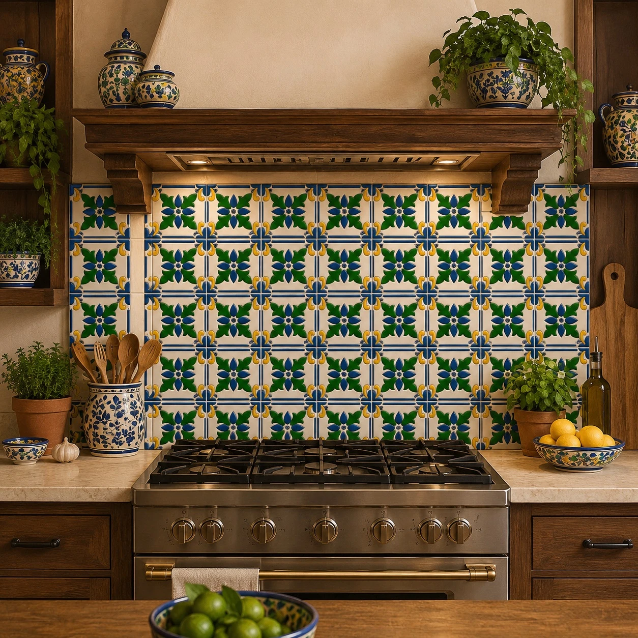 Mexican relief tile blue green floral installed as a vibrant kitchen backsplash with artisan style