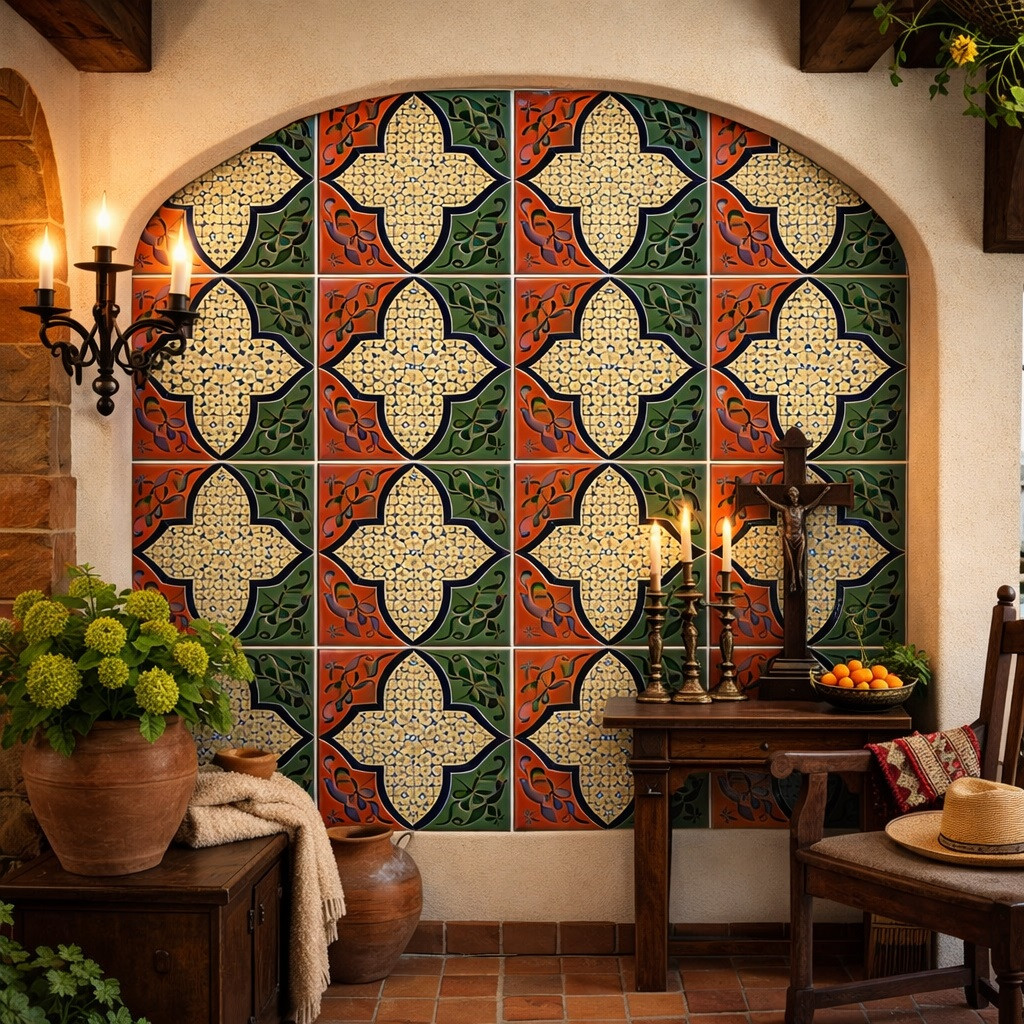 Moorish cross talavera relief tile complementing a Spanish Revival interior with deep relief detail