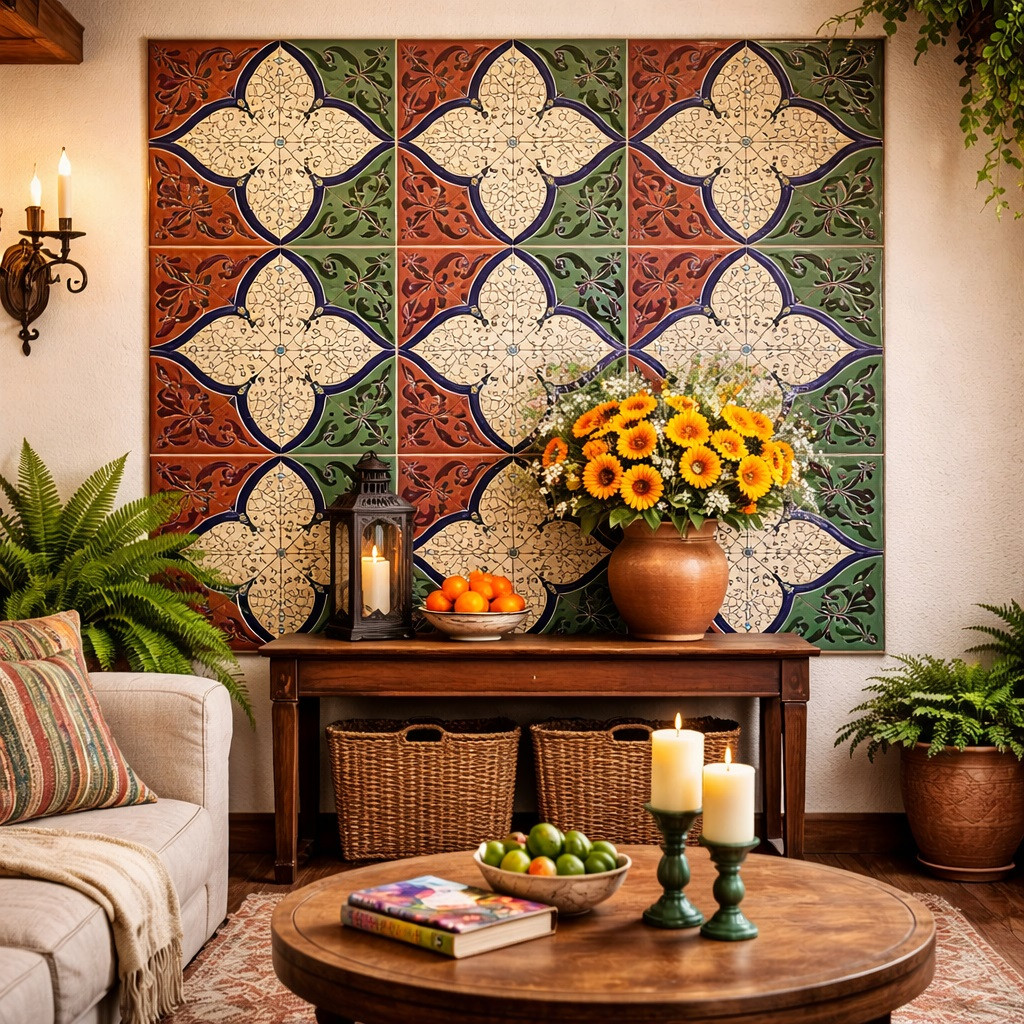 Moorish cross talavera relief tile creating a decorative accent wall with handcrafted character