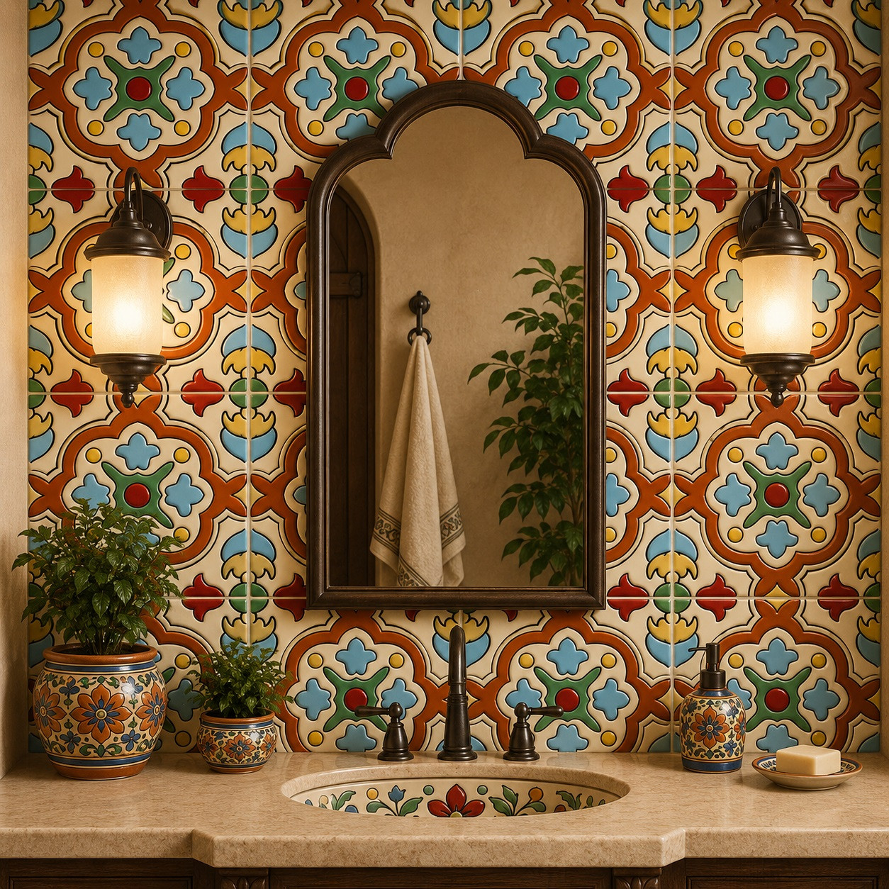 Symmetrical medallion talavera relief tile used on a bathroom vanity wall creating architectural texture