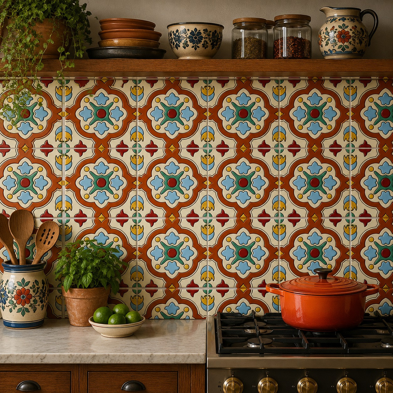 Symmetrical medallion talavera relief tile installed as a kitchen backsplash adding depth and handcrafted character