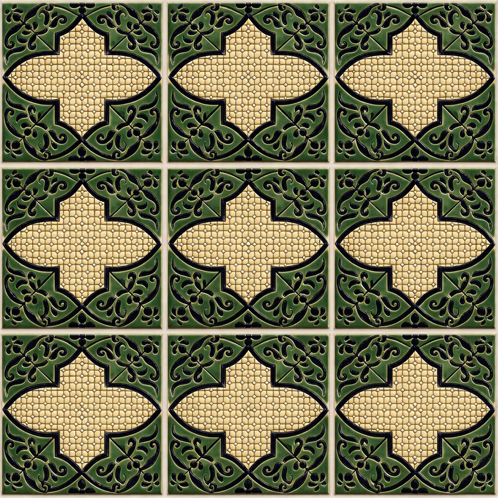 Moorish cross lattice relief tile shown as a nine piece set with deep architectural relief