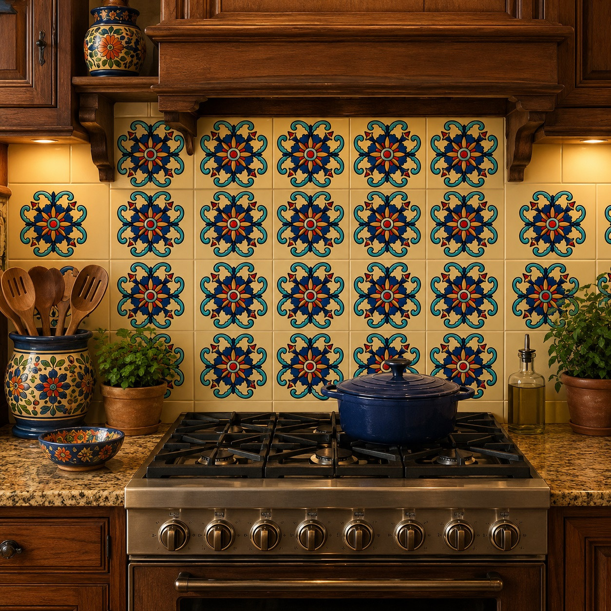 Talavera relief tile with floral scroll used in a rustic kitchen backsplash with natural lighting