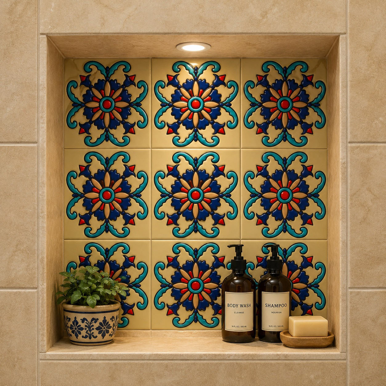 Talavera relief tile with floral scroll decorating a luxury shower niche with relief details