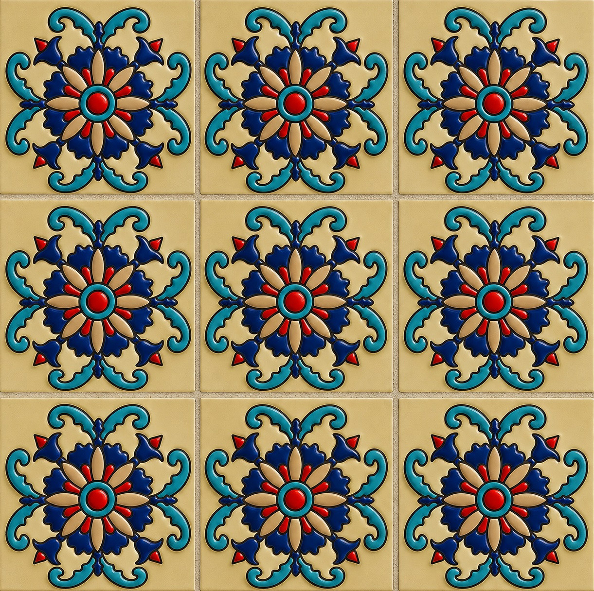 Talavera relief tile with floral scroll arranged in a 6-tile symmetrical grid layout