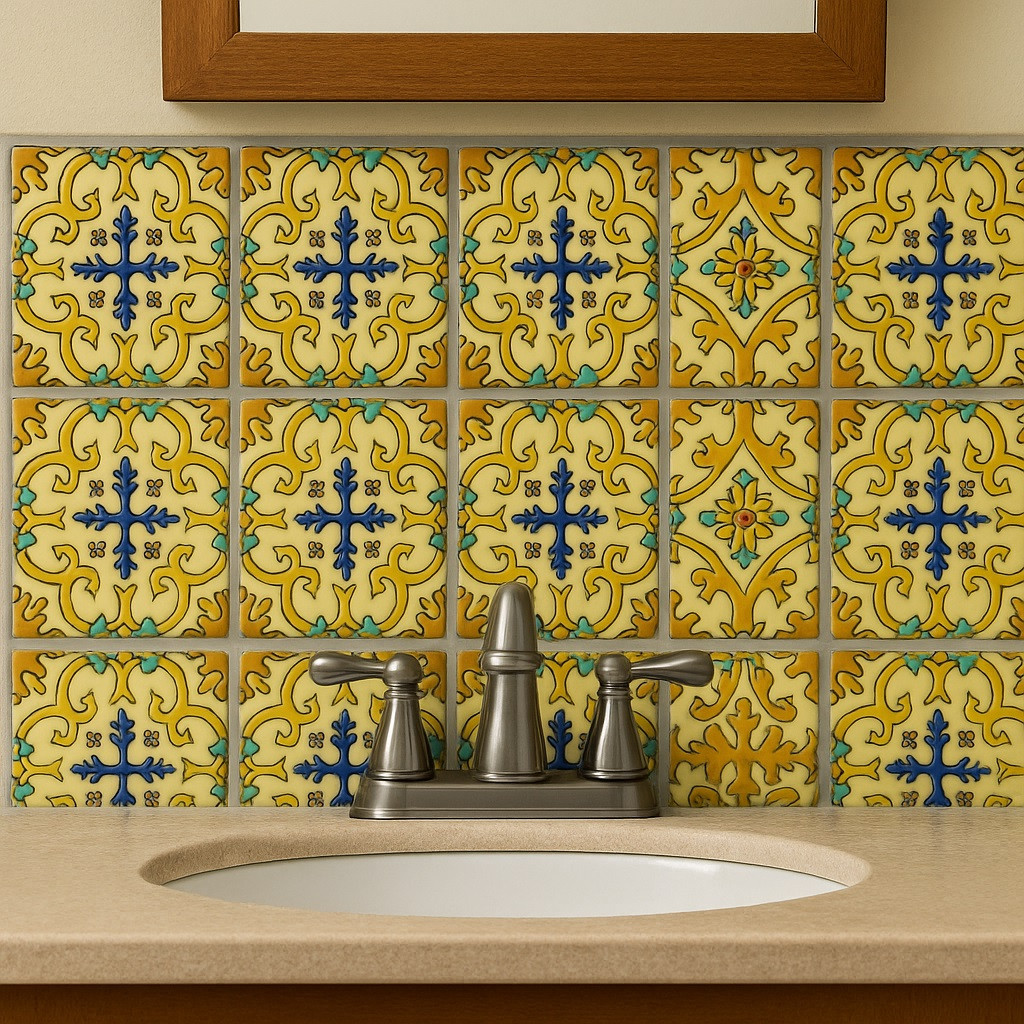 Mexican relief tile golden cross arabesque featured on a bathroom vanity backsplash with artisan style