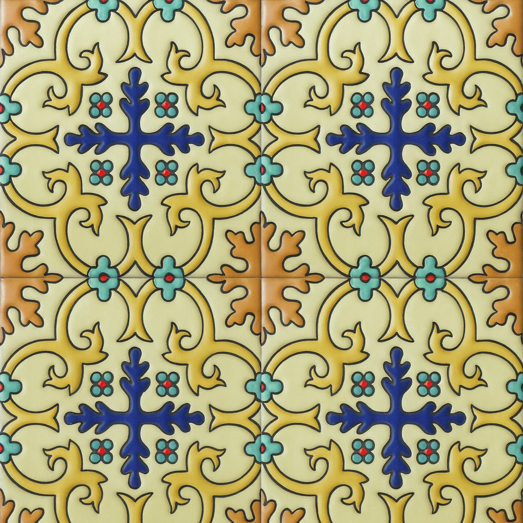 Mexican relief tile golden cross arabesque pattern shown in a four-piece relief tile set
