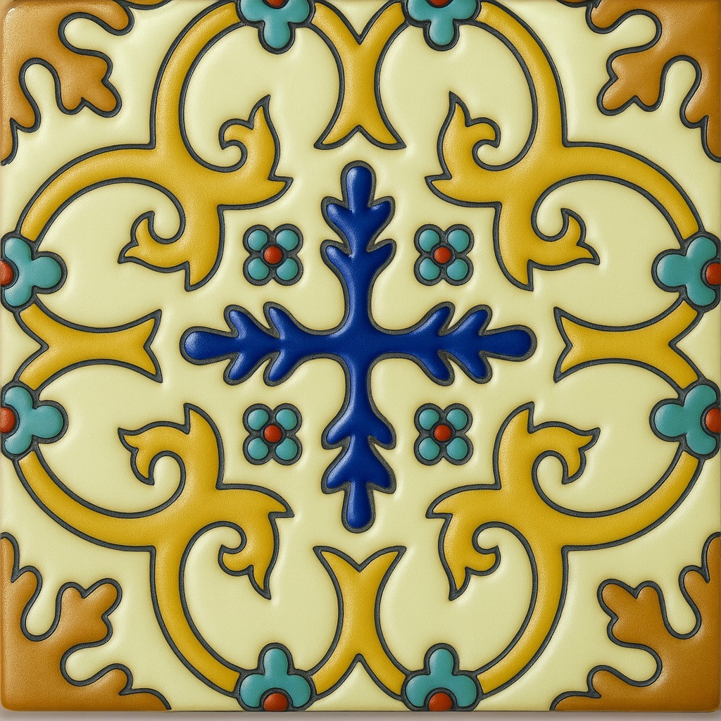 Mexican relief tile golden cross arabesque