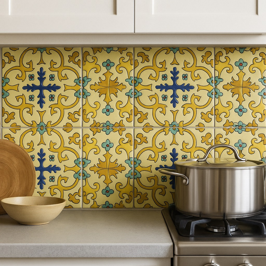 Mexican relief tile golden cross arabesque design displayed on a bright kitchen backsplash with 4x4 tiles