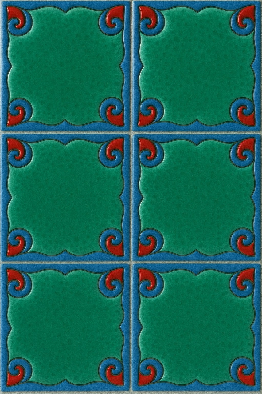 Mexican talavera relief tile emerald six-piece set showing deep sculpted relief